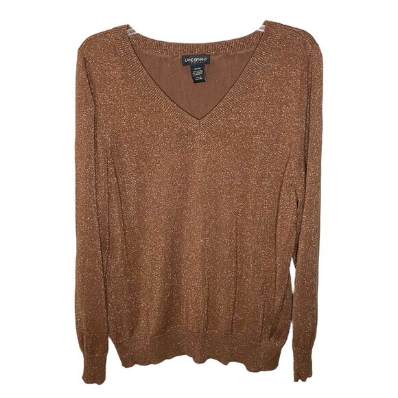 Lane Bryant V-Neck Knit Sweater Brown Gold Metallic Long Sleeves Plus Size 18/20 - Picture 1 of 4